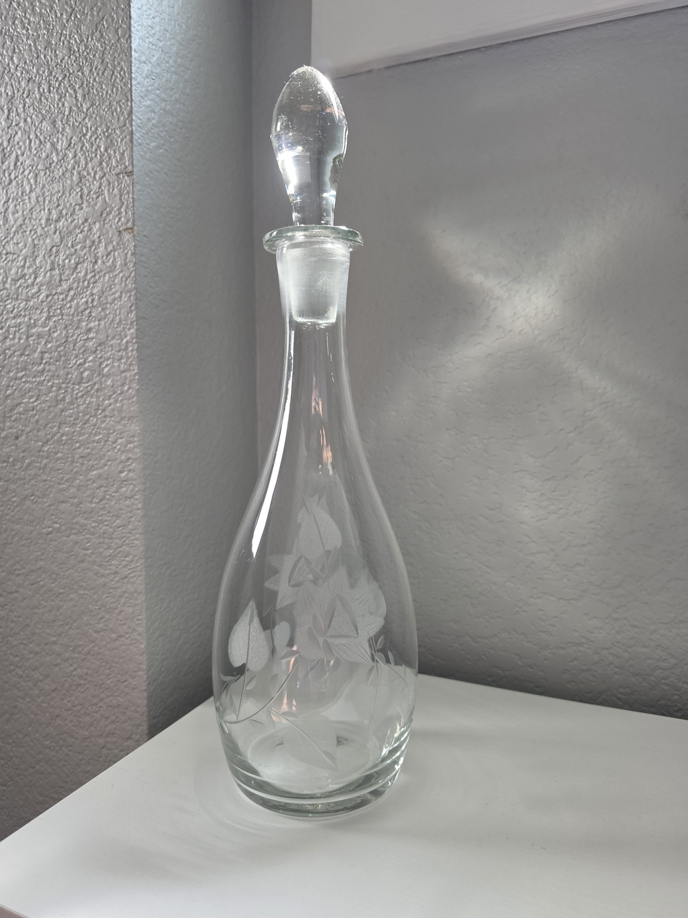 Vintage Romanian Etched Glass Decanter with Stopper - Clear